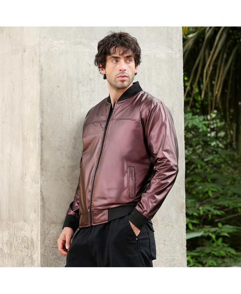 Men's Men's Chocolate Brown Patent-Panel Bomber Jacket