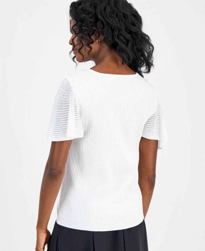 Petite Crewneck Flutter-Sleeve Rib-Knit Sweater