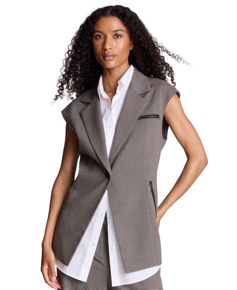 Women's Zipper Pocket Button Front Sleeveless Vest with Removable Shirt