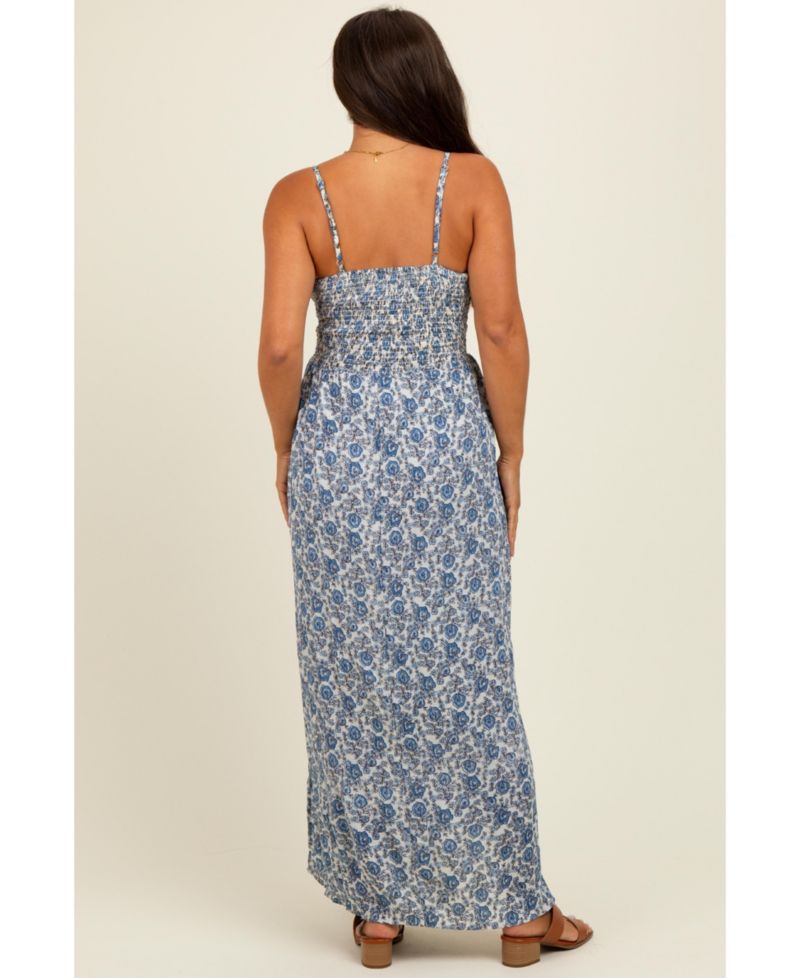 Women's Blue Floral V-Neck Twist Front Keyhole Maxi Dress