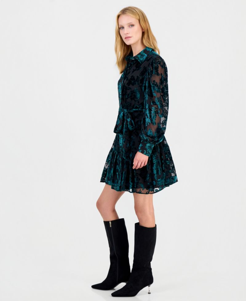 Women's Tiered Velvet-Burnout Floral Shirt Dress