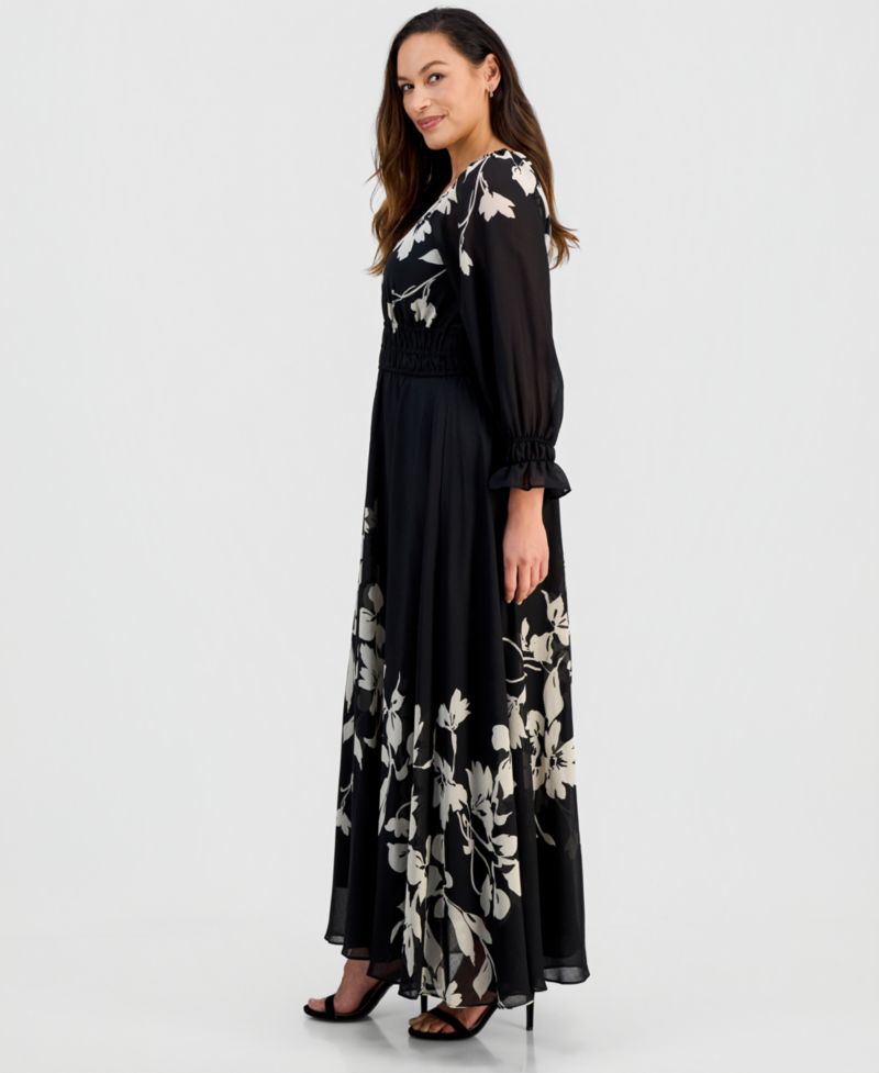 Women's Pleated Long-Sleeve Chiffon Dress