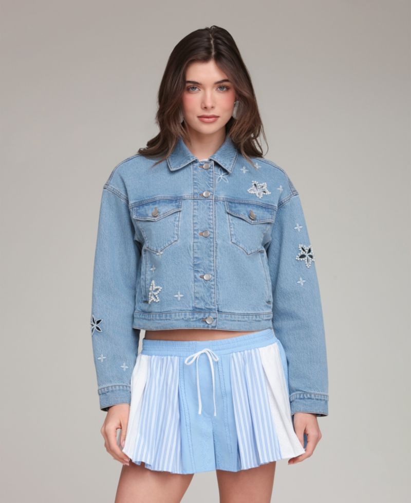 Women's Embroidered Detail Collared Denim Jacket