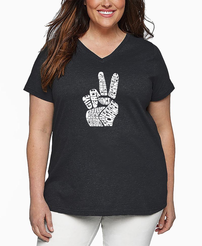 Plus Size PEACE FINGERS Word Art V-Neck T-Shirt