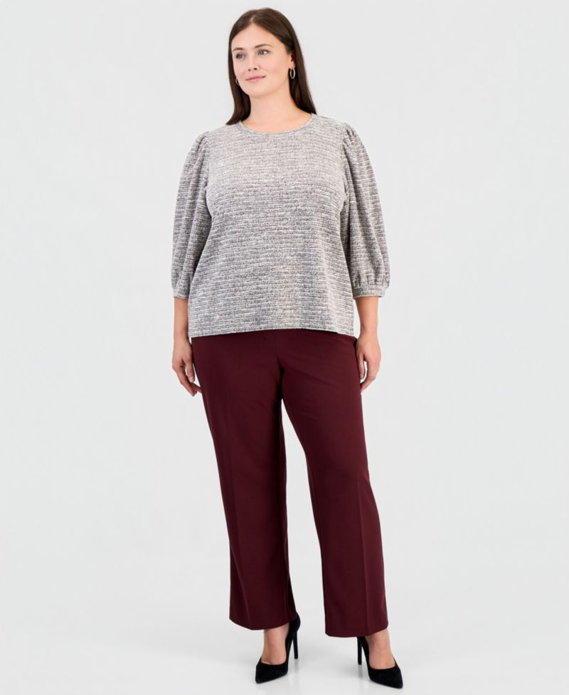Plus Size Crew Neck 3/4-Length Balloon Sleeves Textured Knit Sweater