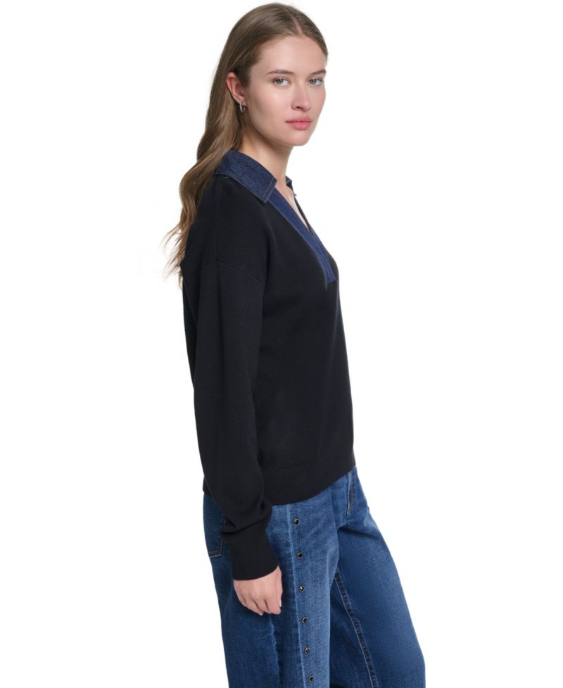 Women's Denim Collar V-Neck Sweater