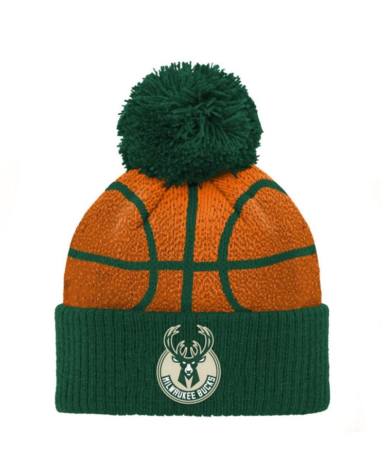 Preschool Hunter Green Milwaukee Bucks Basketball Head Cuffed with Pom Knit Hat