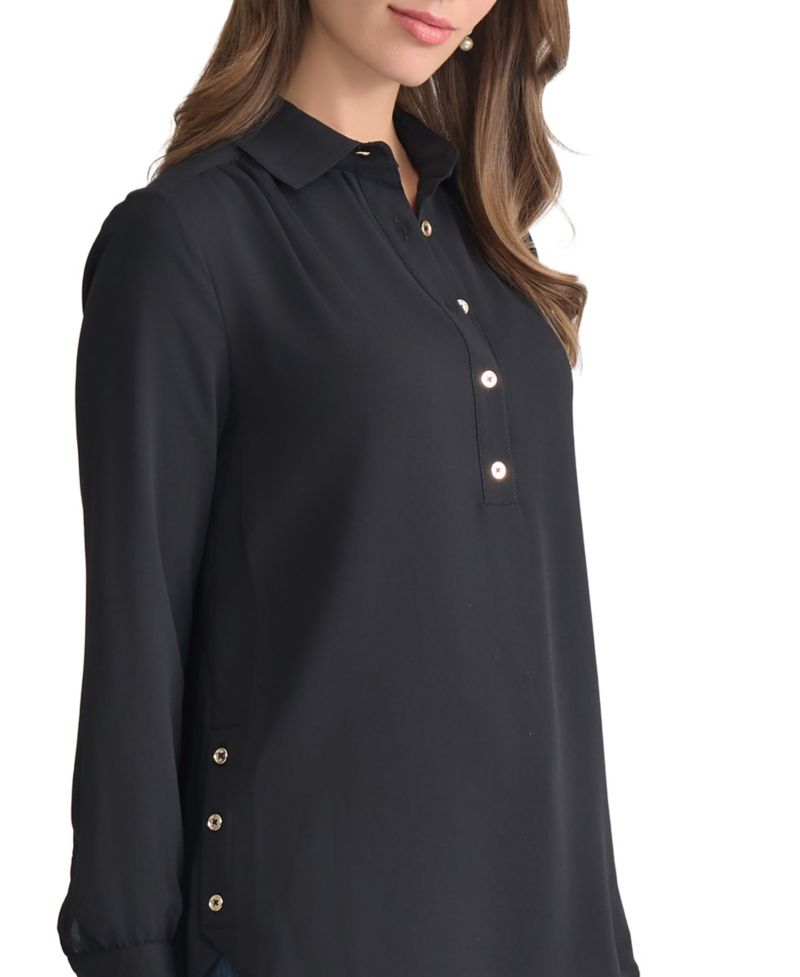 Long Sleeve Shirttail Side Button Popover Tunic