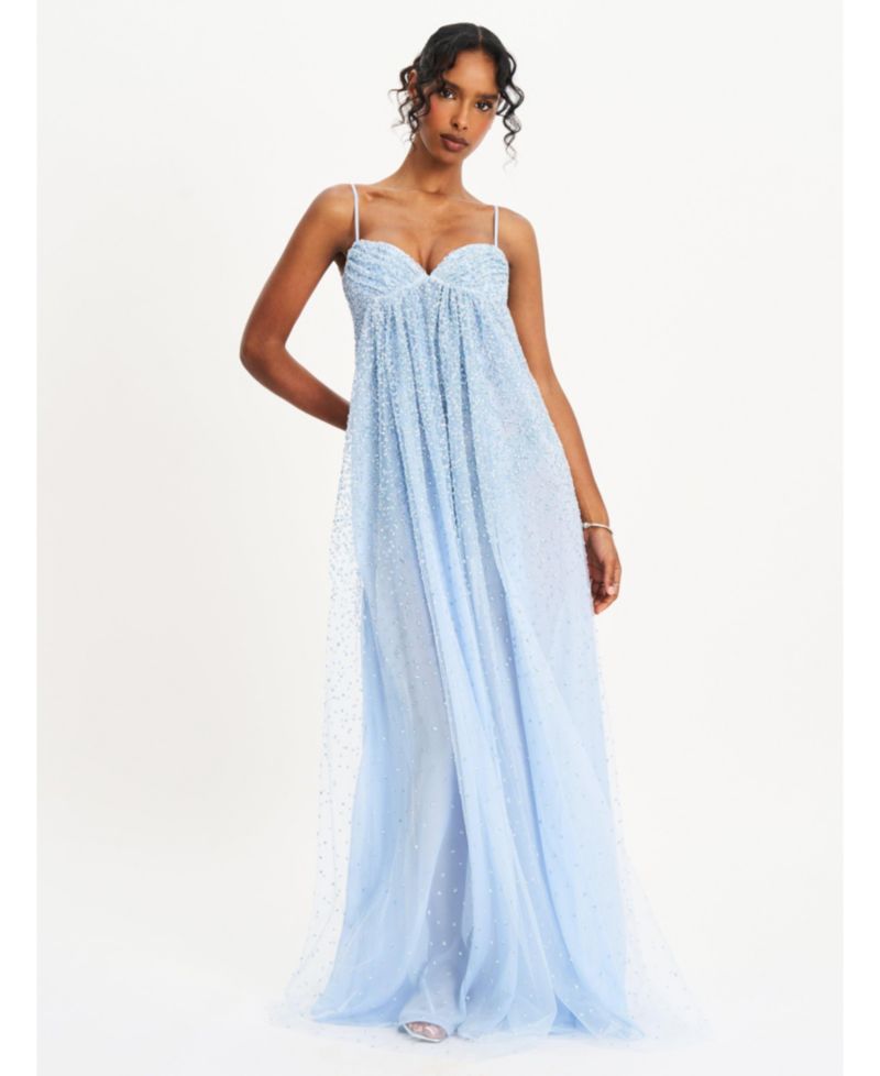 Women's Wallie Baby Blue Rhinestone Embellished Mesh Backless Gown