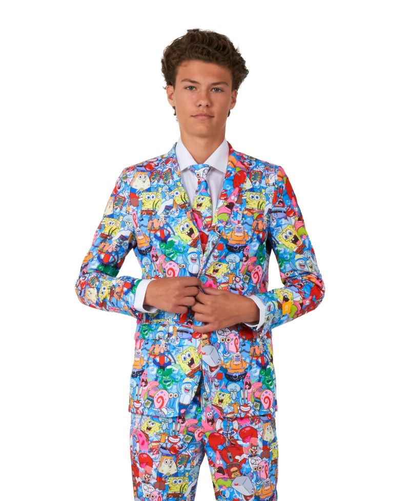 Big Boys SpongeBob Frenzy Slim Fit Suit Set Including Blazer, Pants and Clip-On-Tie
