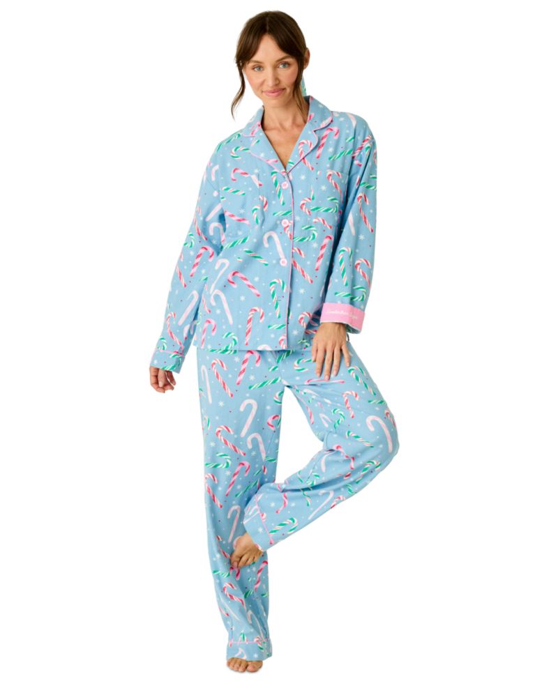Women's Flannel Long-Sleeve Print Top and Pants, 2-Piece Set