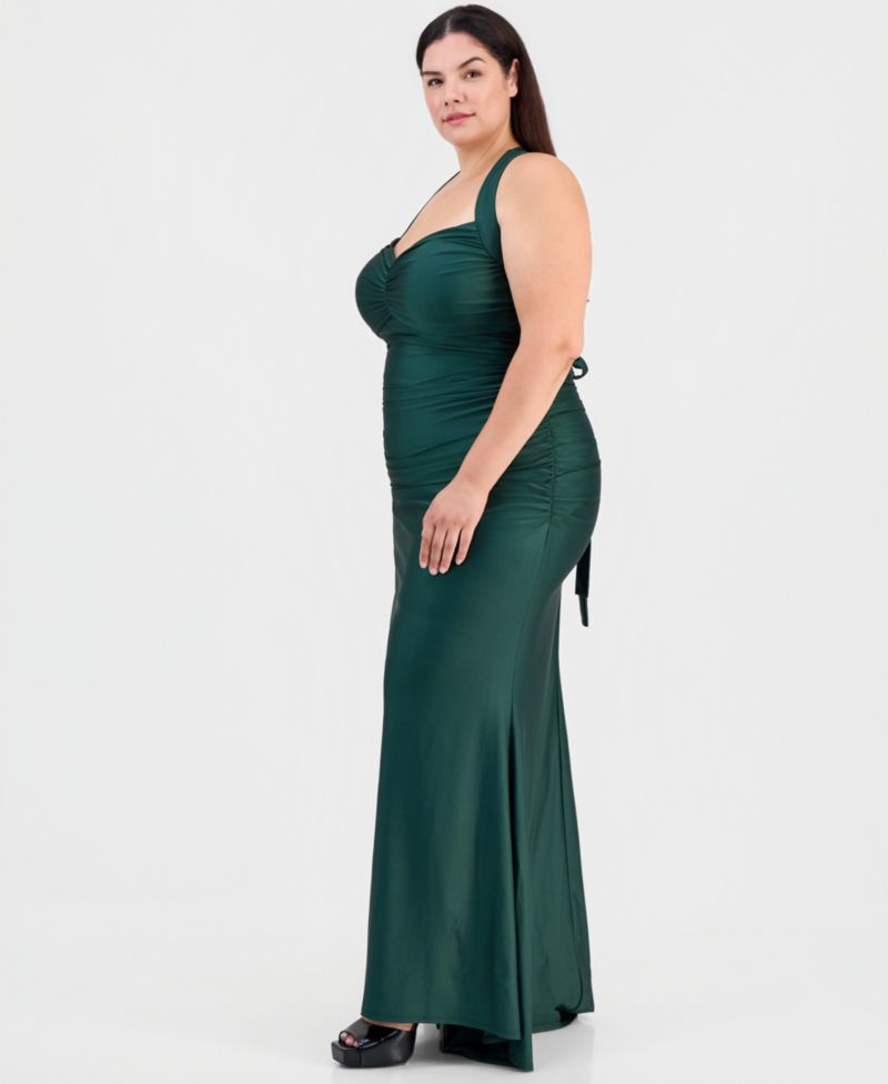 Trendy Plus Size Shiny Knit Ruched Back-Tie Gown