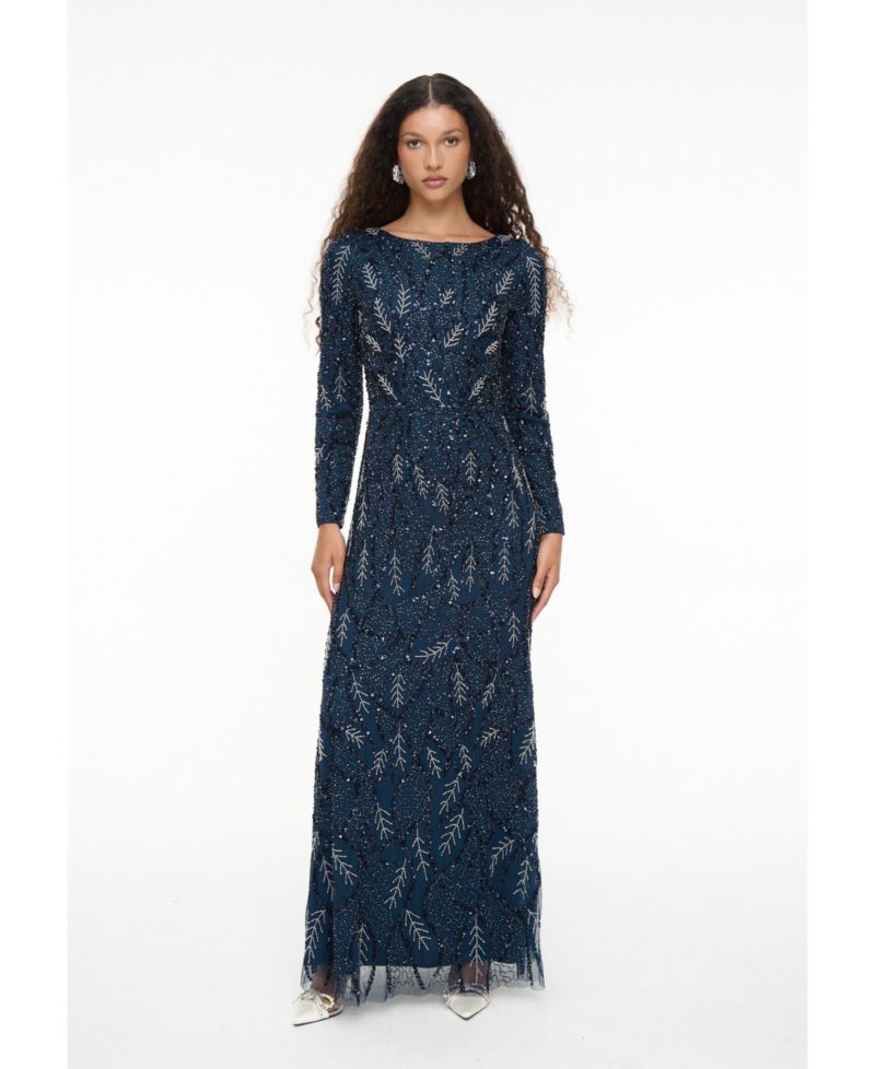 Women's Modest Embellished Sequin Beaded Dress Maxi With Detailed Work