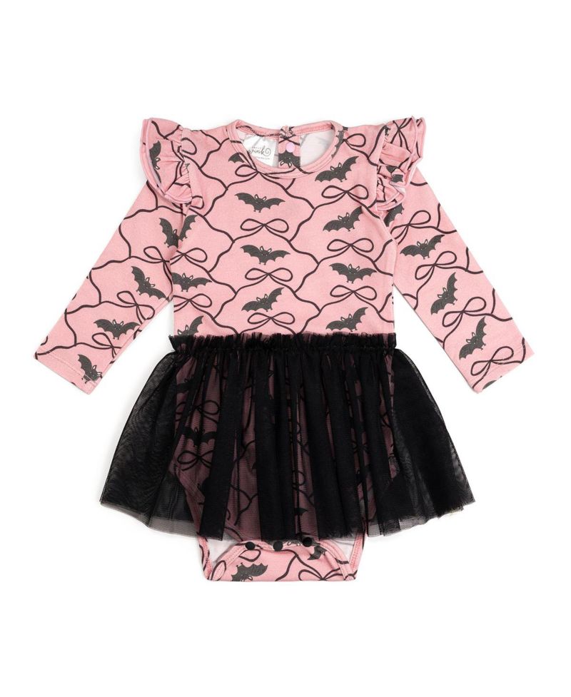 Baby Girls Bat Trellis Printed Halloween Long Sleeve Tutu Bodysuit