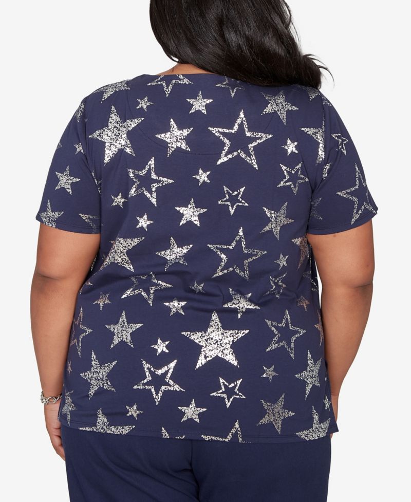 Plus Size Lady Liberty Sparkling Foil Stars Crewneck T-Shirt