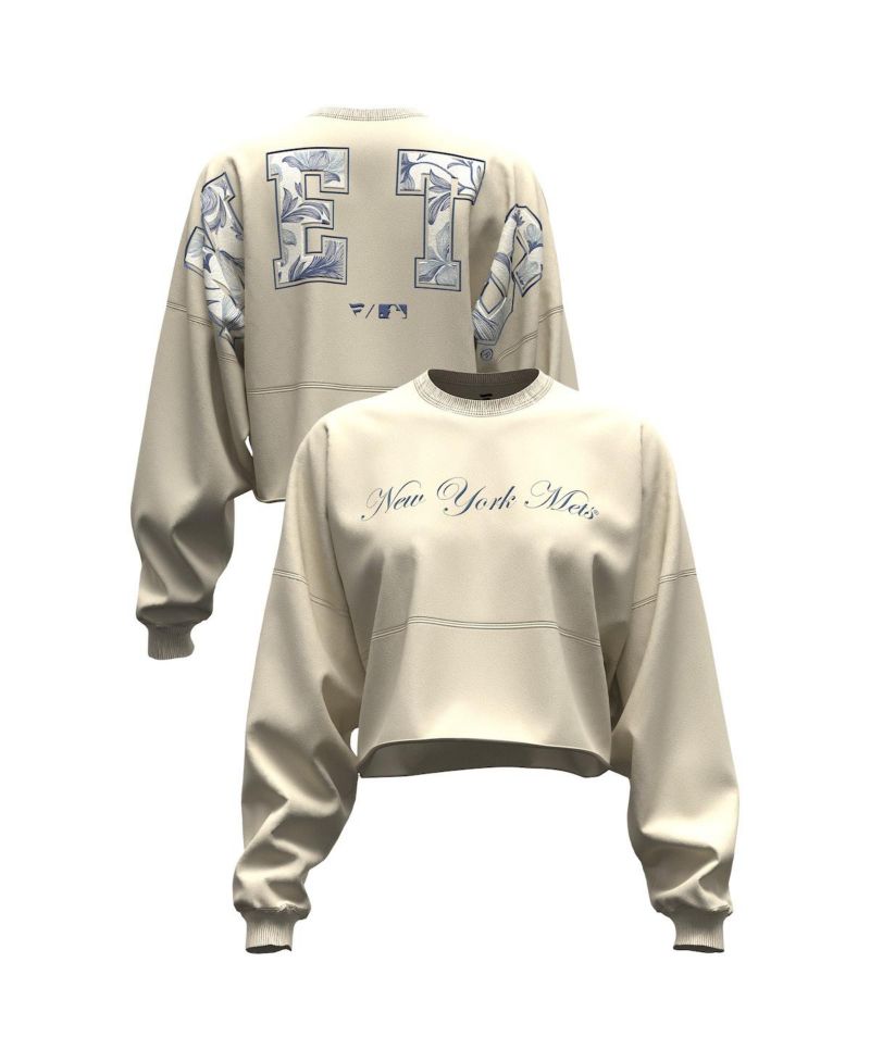 Women's Light Beige New York Mets Spirit Floral Script Cropped Long-Sleeve T-Shirt