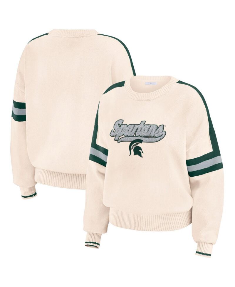 Women's Cream Michigan State Spartans Chenille Woven Patch Stripe Pullover Sweater