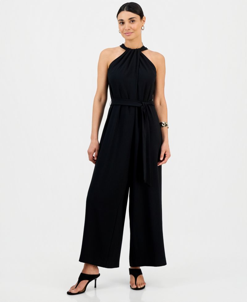 Petite Sleeveless Halter Tie-Waist Jumpsuit
