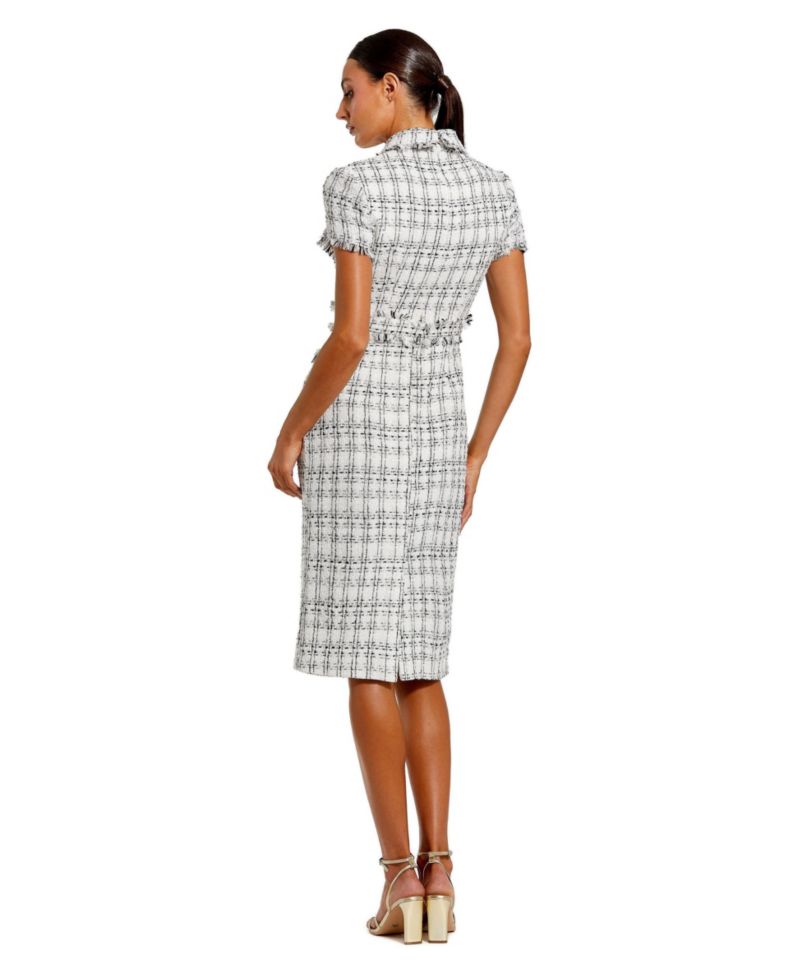 Women's Fitted Boucle Short Sleeve Button Up Midi Dress