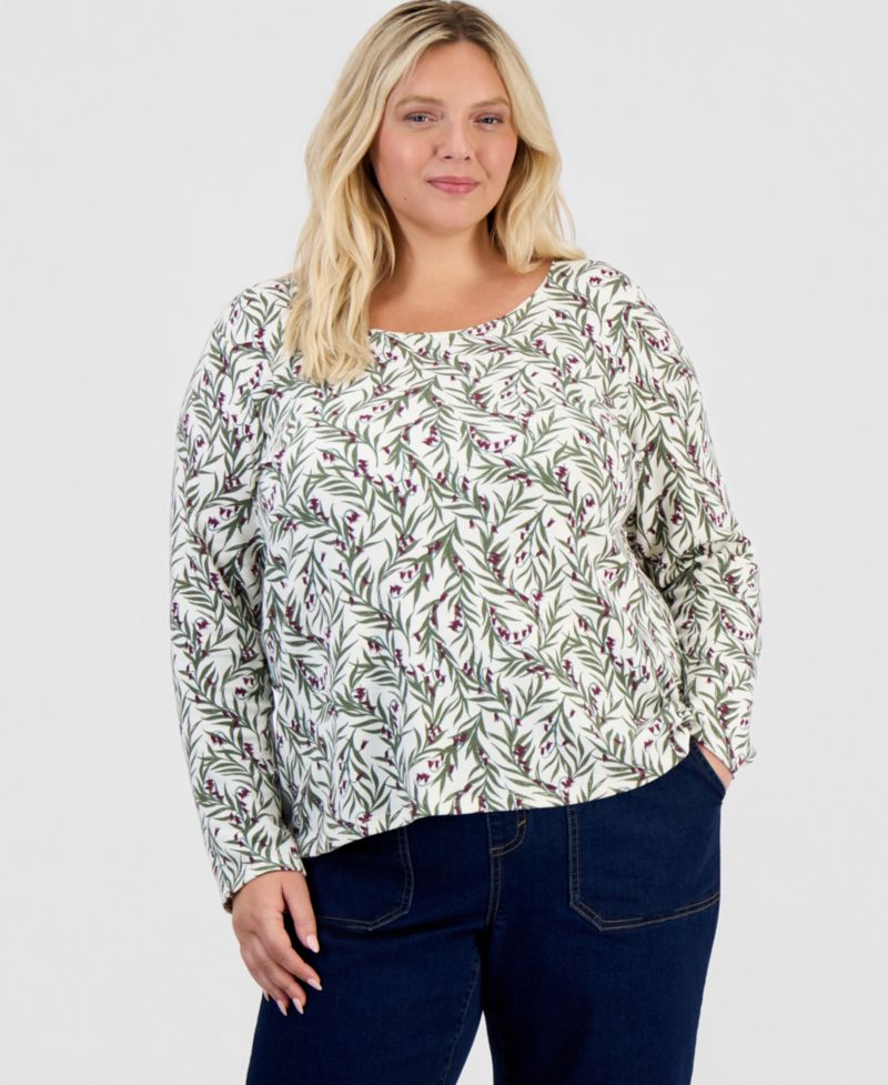 Petite Printed Long-Sleeve Scoop-Neck Top