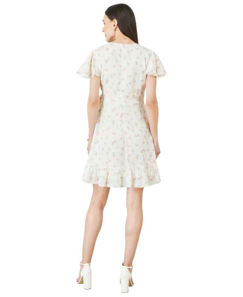 Women's Rose Print Wrap Over Frill Dress