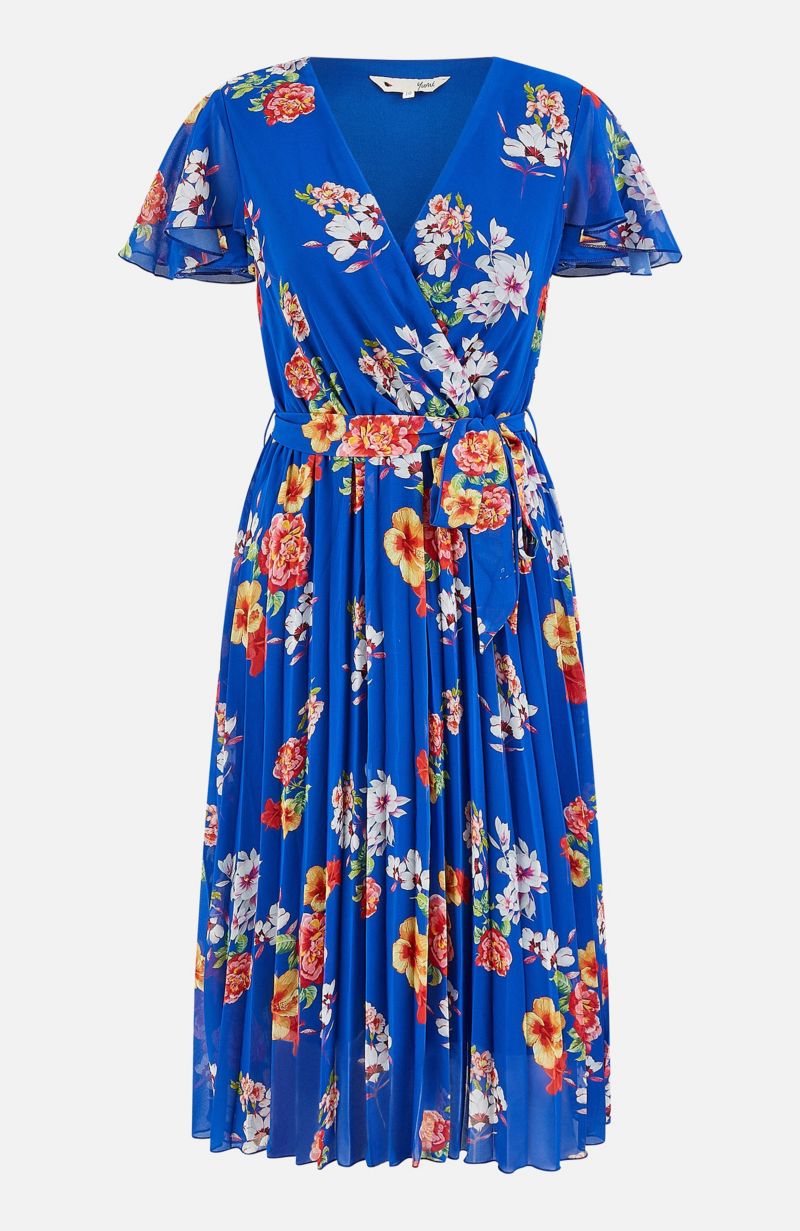 Women's Pleated Floral Tie-Waist Wrap Midi Dress