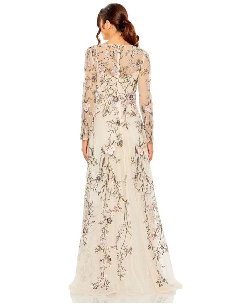 Women's V Neck Long Sleeve Embroidered A Line Gown