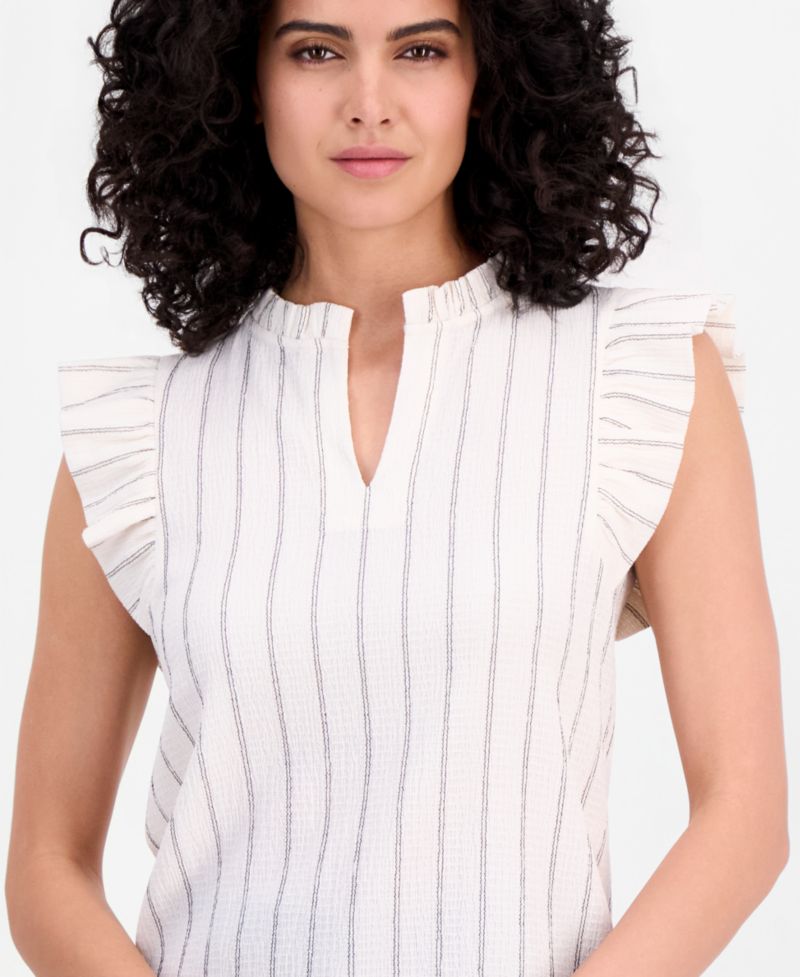Women's Textured Pinstripe Flutter-Sleeve Top