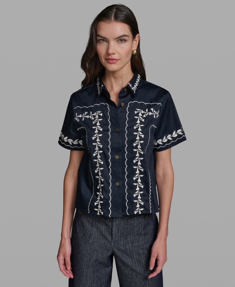 Petite Floral Embroidered Short-Sleeve Shirt