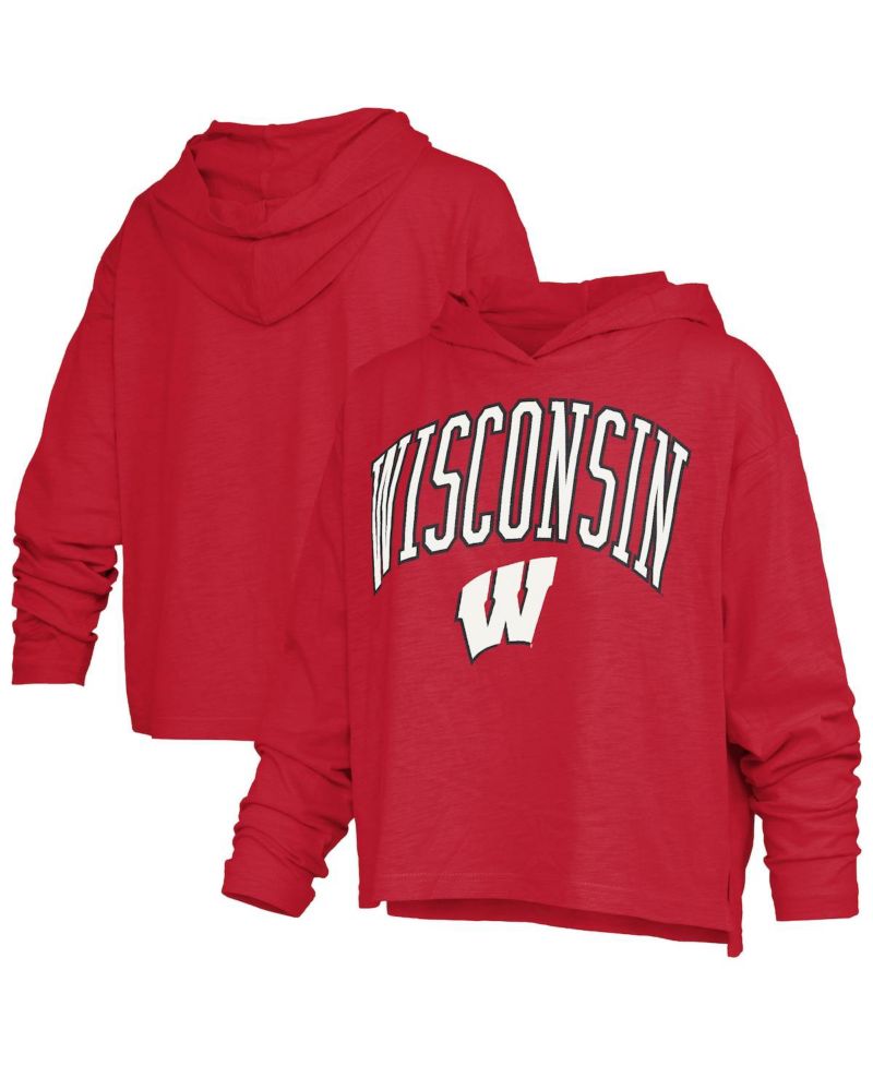 Women's Red Wisconsin Badgers Nelson Arch Over Logo Long Sleeve Hooded Slub T-Shirt