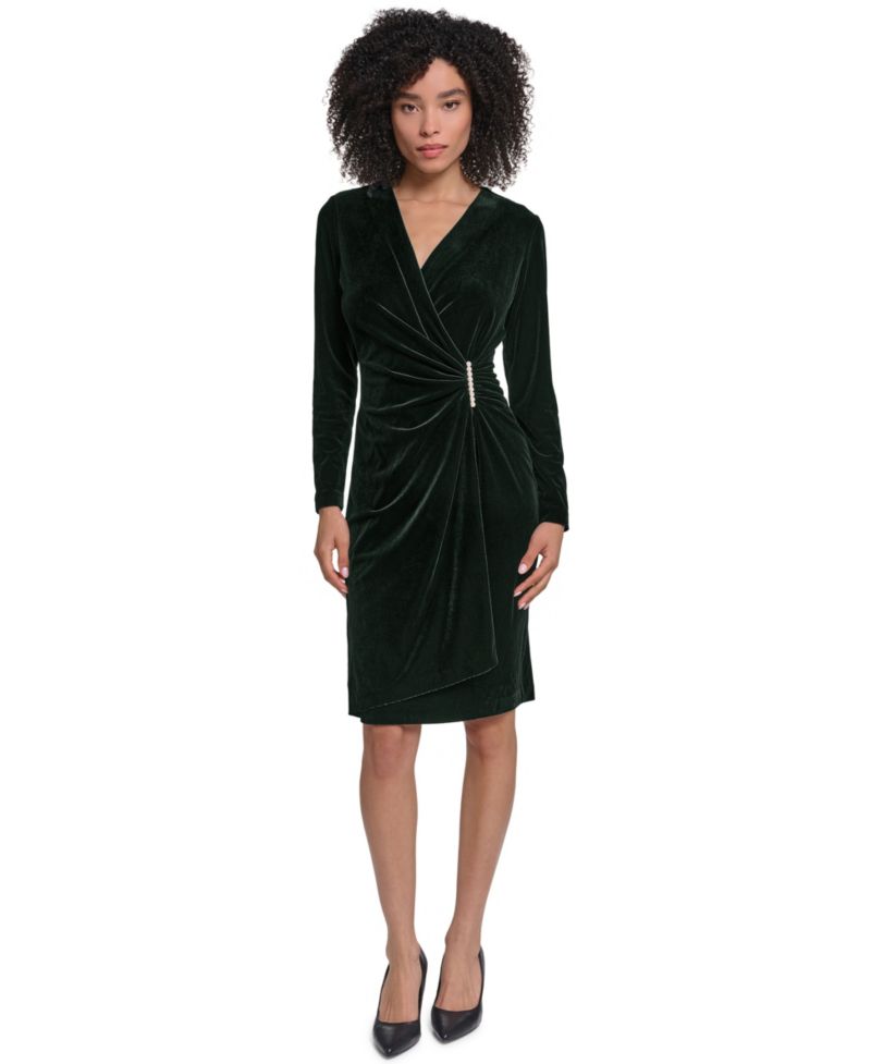 Women's Velvet Faux-Wrap Imitation Pearl-Trim Dress