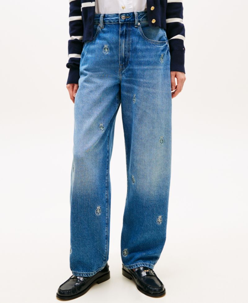 Women's All-Over Crest Wide-Leg Barrel Jeans