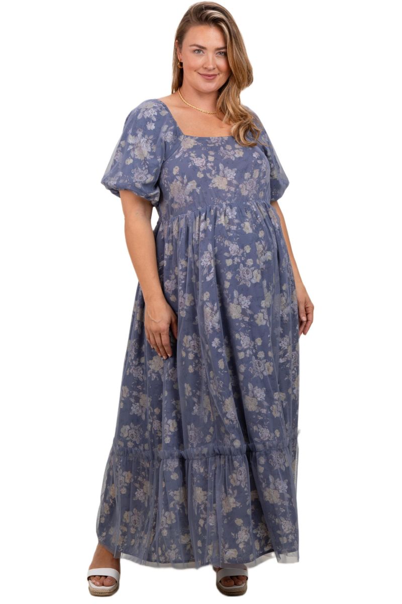 Women's Maternity Floral Mesh Square Neck Short Puff Sleeve Midi Dress