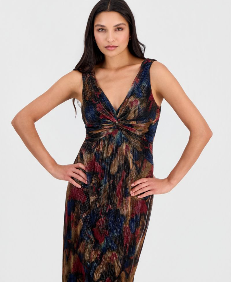 Petite Metallic-Print Twist-Front Sleeveless Dress