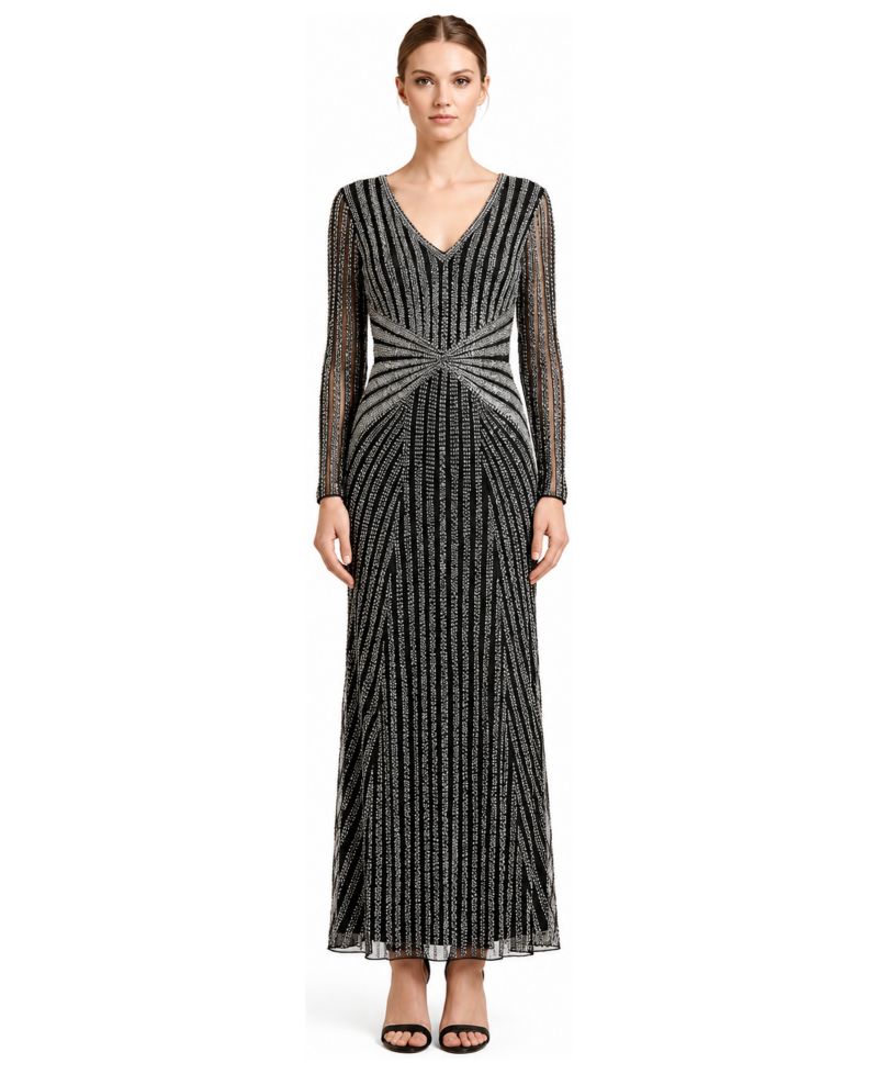 Women's Long-Sleeve Beaded V-Neck Gown