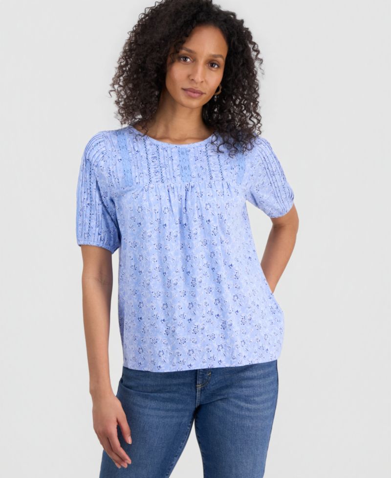 Petite Printed Lace Trim Cotton Short-Sleeve Blouse