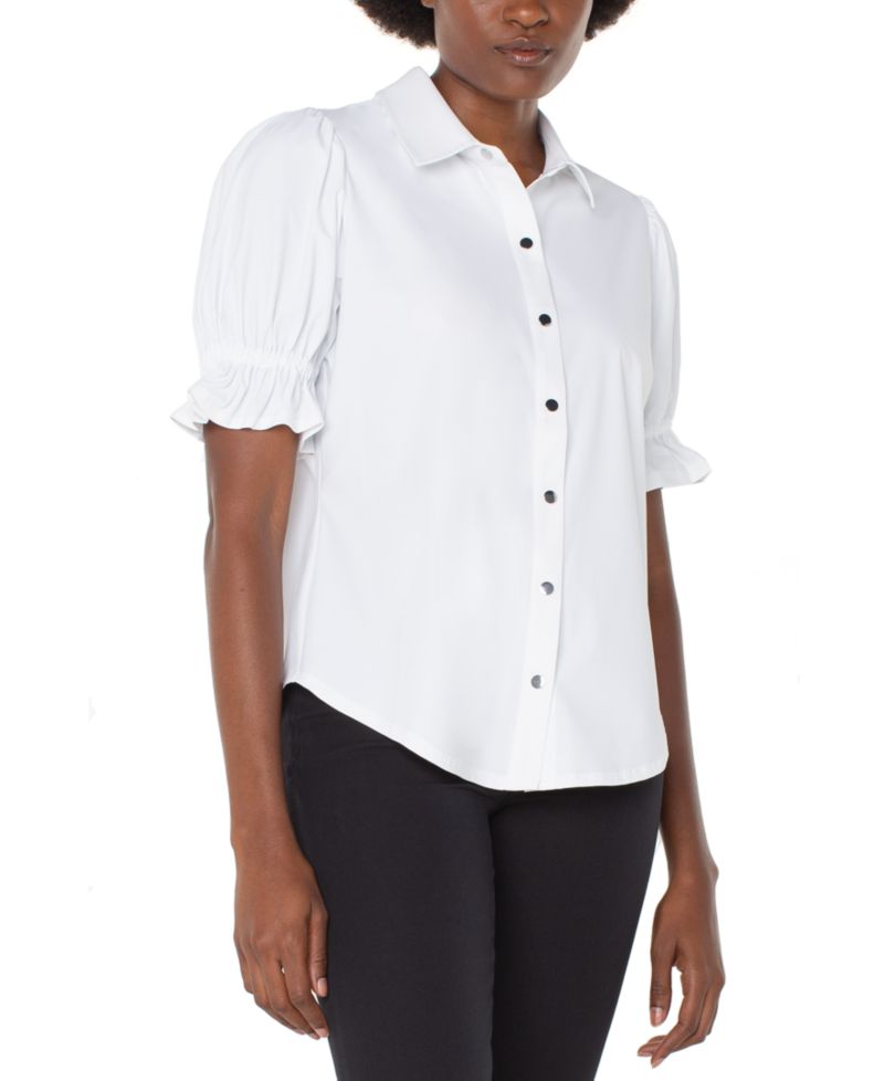 Women's Elbow Puff Sleeve Snap Front Collar Top