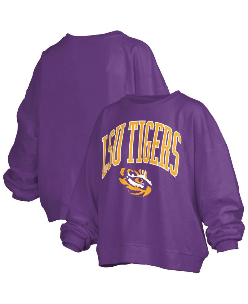 Women's Purple LSU Tigers Janise Arch Over Logo Waist Length Oversized Pullover Sweatshirt