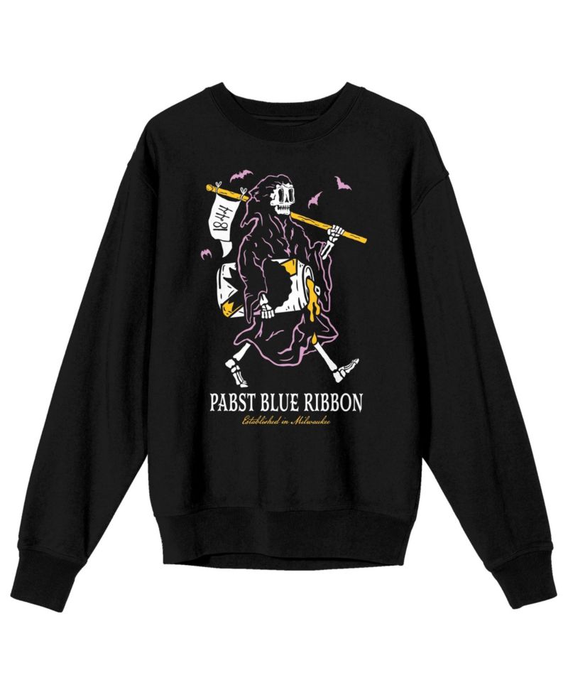 Men's Grim Reaper Enjoying a Beer Adult Black Crew Neck Sweatshirt-3XL