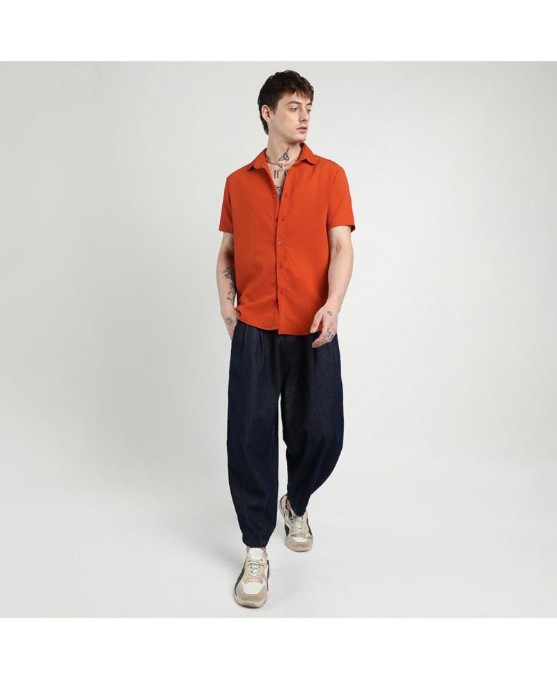 Men's Red Ruched Regular Fit Casual Shirt
