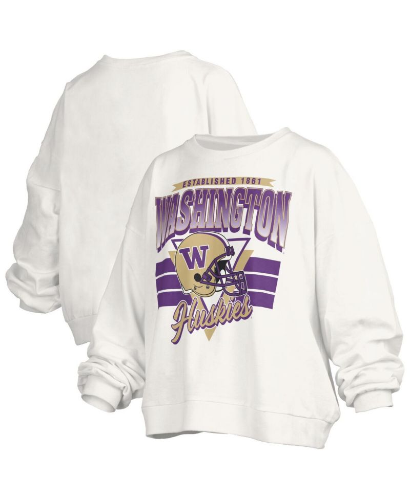 Women's White Washington Huskies Oversized Janice Retro Waist-Length Pullover Sweatshirt