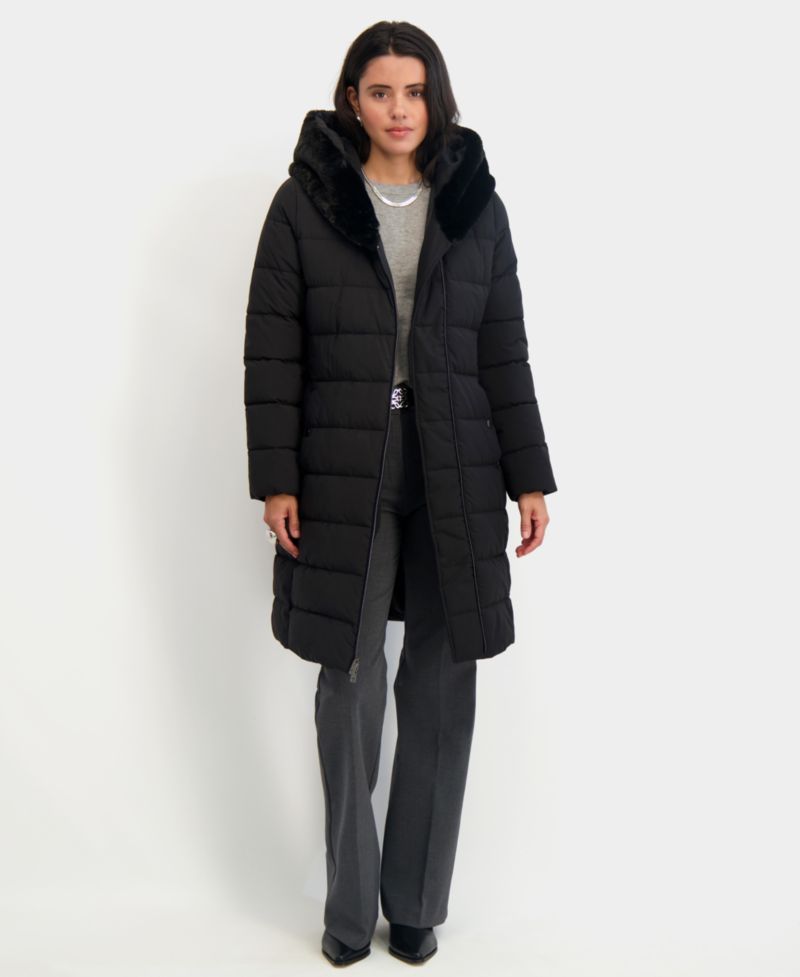 Women's Faux-Fur-Trim Hooded Belted Puffer Coat