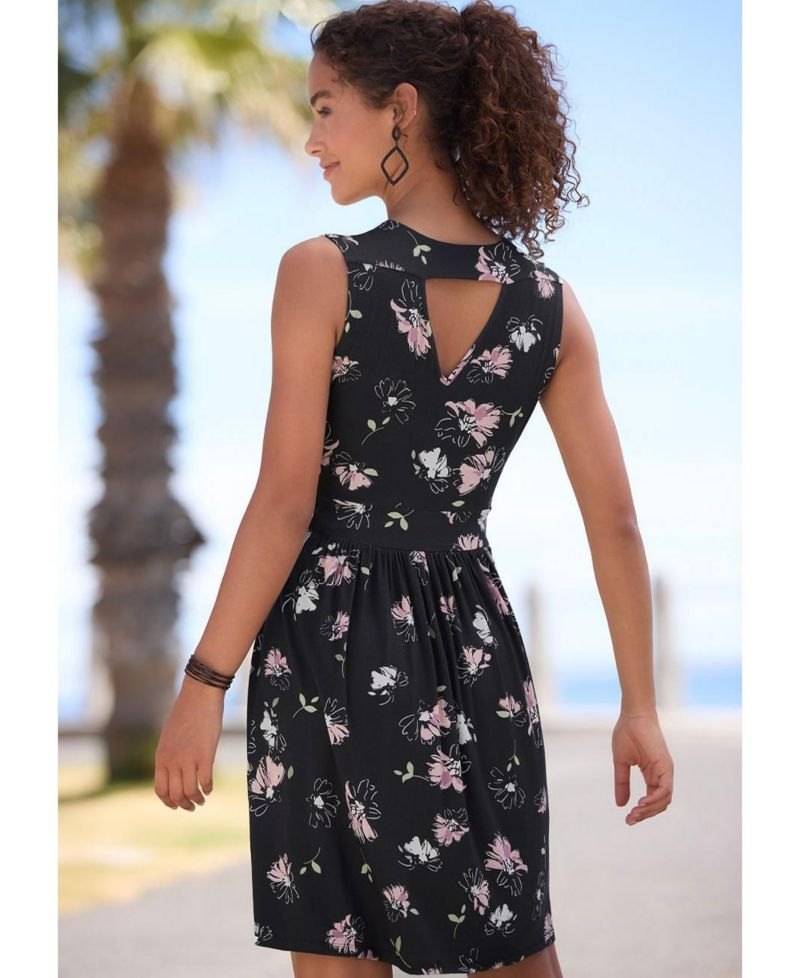 Women's Viscose Floral Print Open Back Detail A-Line V-Neck Short Dress