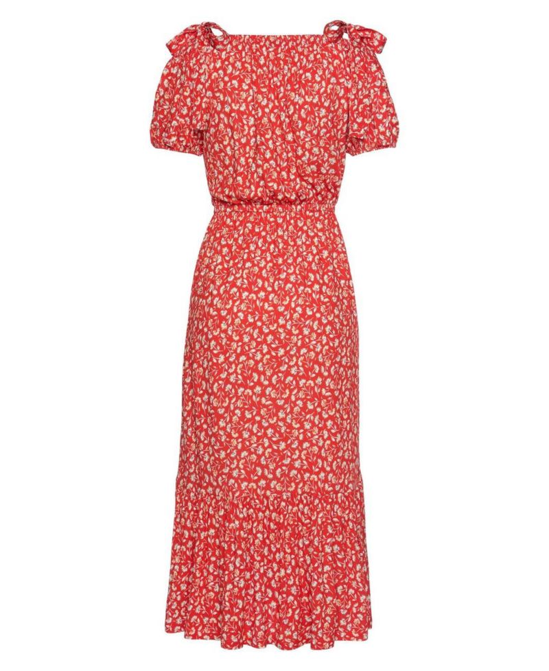 Women's Viscose Floral Print Pattern Elastic-Waist Midi Dress