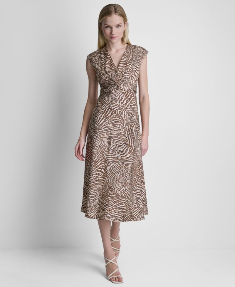 Women's V-Neck Knot Front Midi Dress