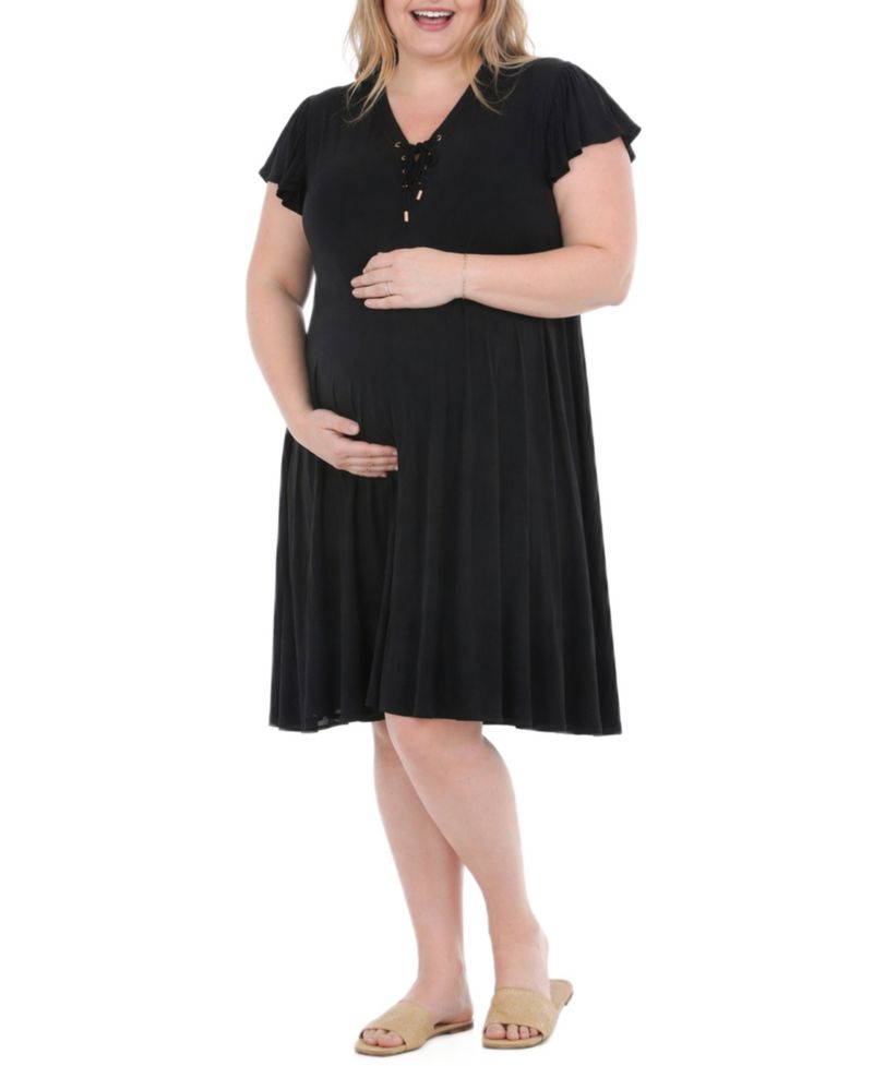 Plus Size Flutter-Sleeve Tie-Neck Maternity Dress