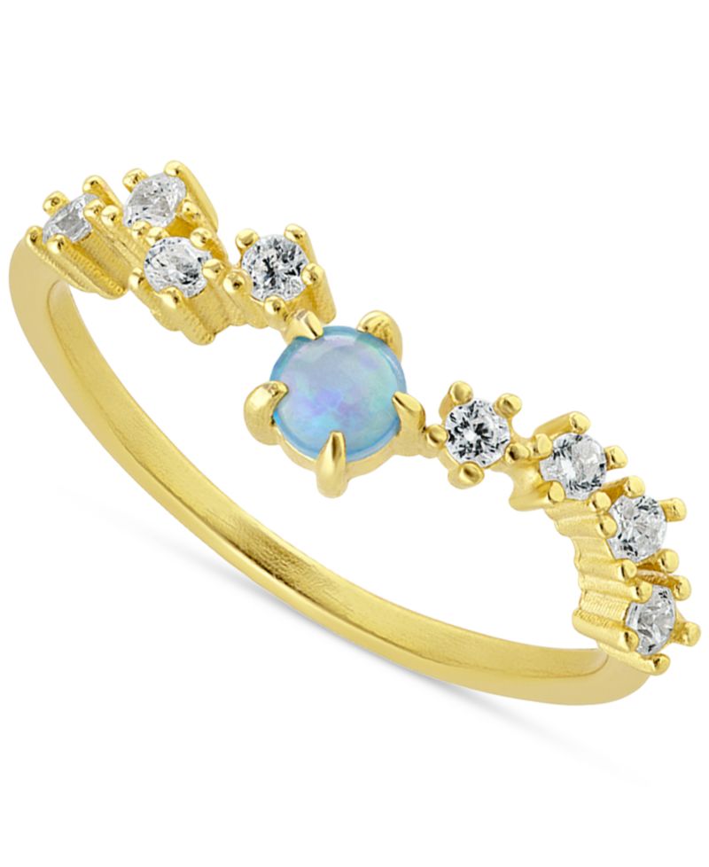 Simulated Opal (3mm) & Pav&eacute; Wavy Accent Ring in 18k Gold-Plated Sterling Silver
