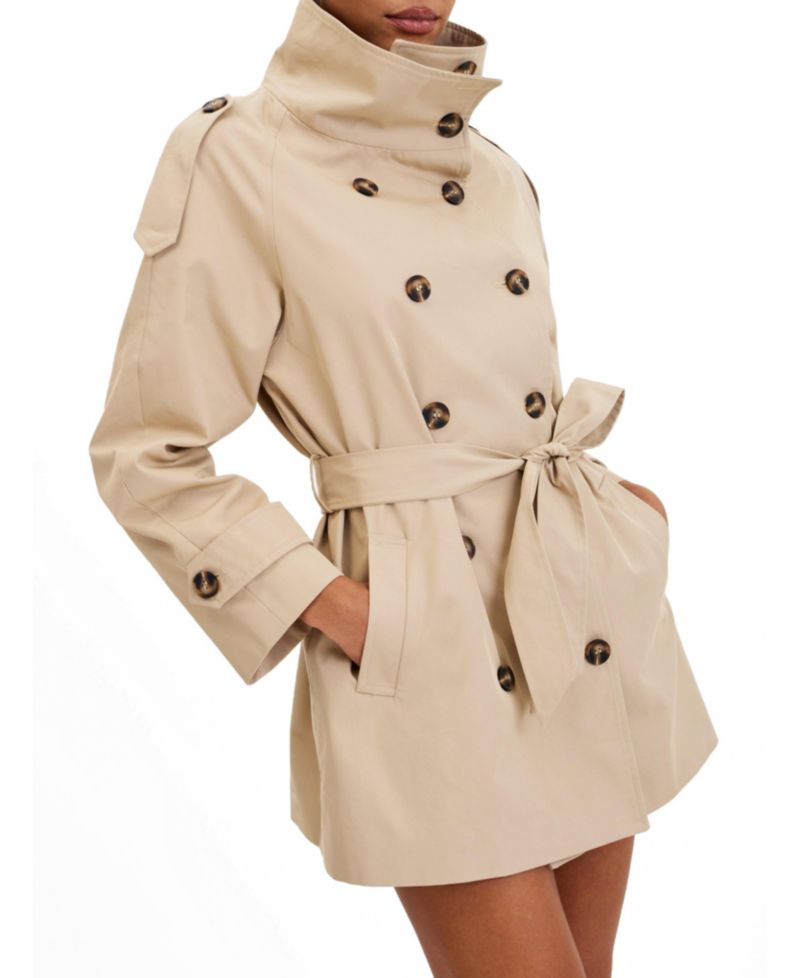 Women's Vanetta Tan High Collar Double-Breasted Trench Mini Coat