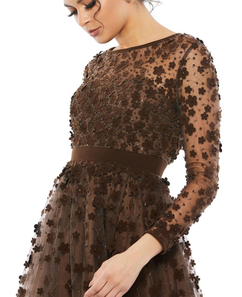 Women's Embellished Illusion High Neck Long Sleeve Fit and Flare