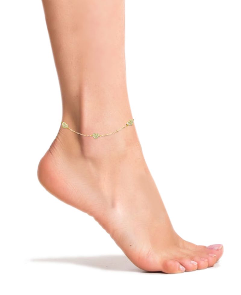 Cubic Zirconia Pav&eacute; 3 Heart Station Ankle Bracelet in Sterling Silver or 18K Gold-Plated Sterling Silver